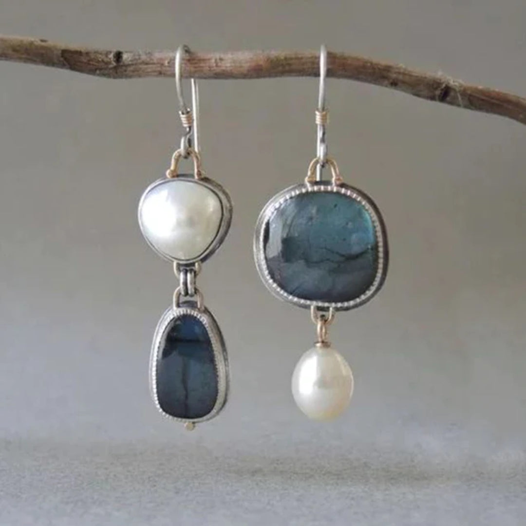Vintage Blauwe Steen Parel Oorbellen