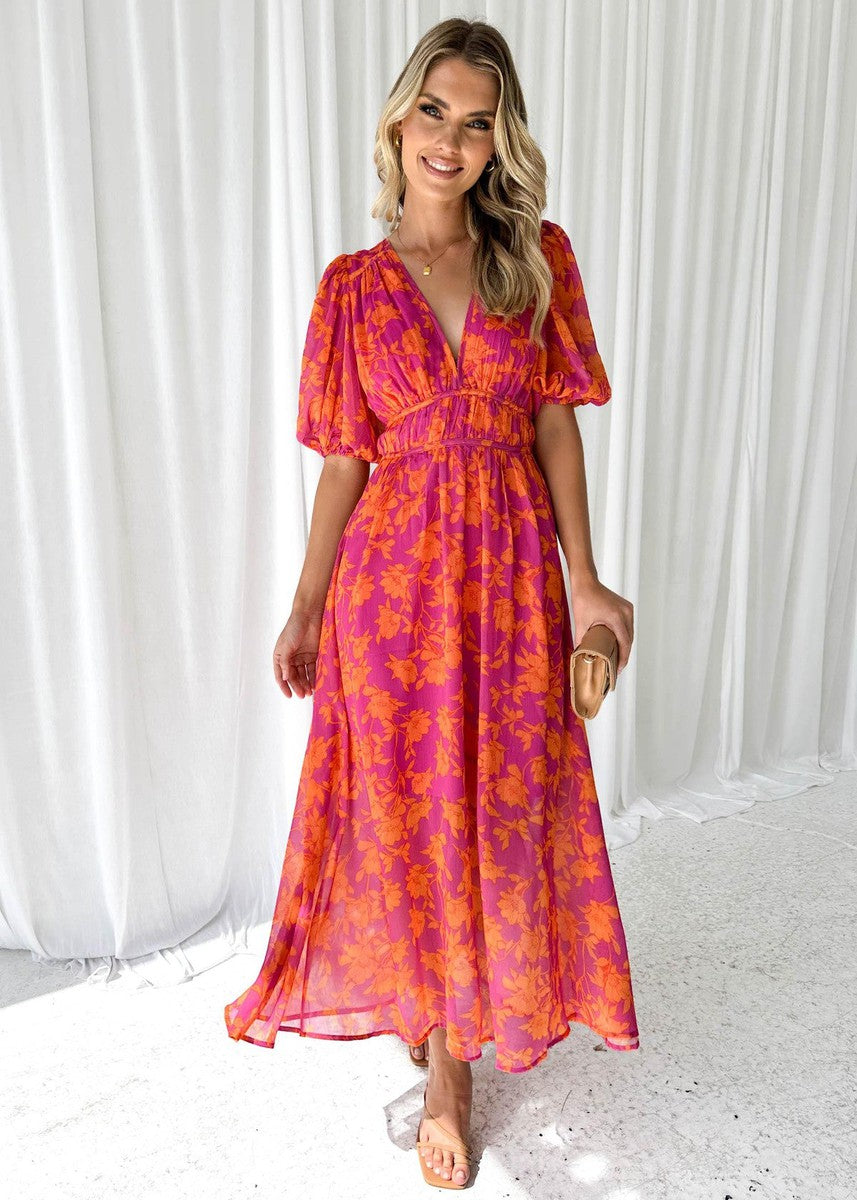 Katty I Bloemen Midi Jurk met Puff Mouwen en V-hals