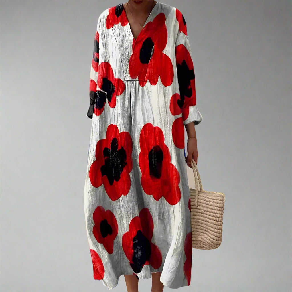 Evelyn | Gedurfde Klaprozenprint Katoenen Maxi-jurk