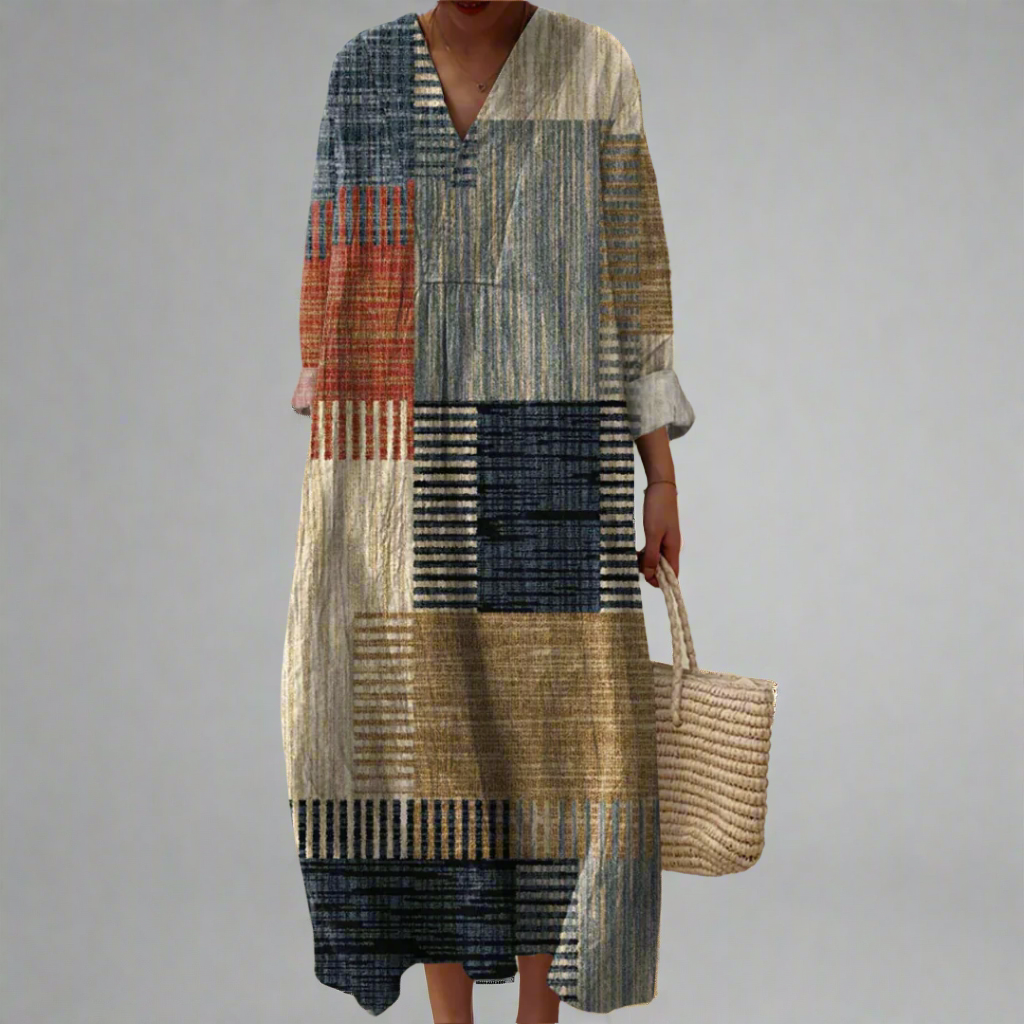 Harriet | Aardetinten Patchwork Ontspannen Maxi Jurk