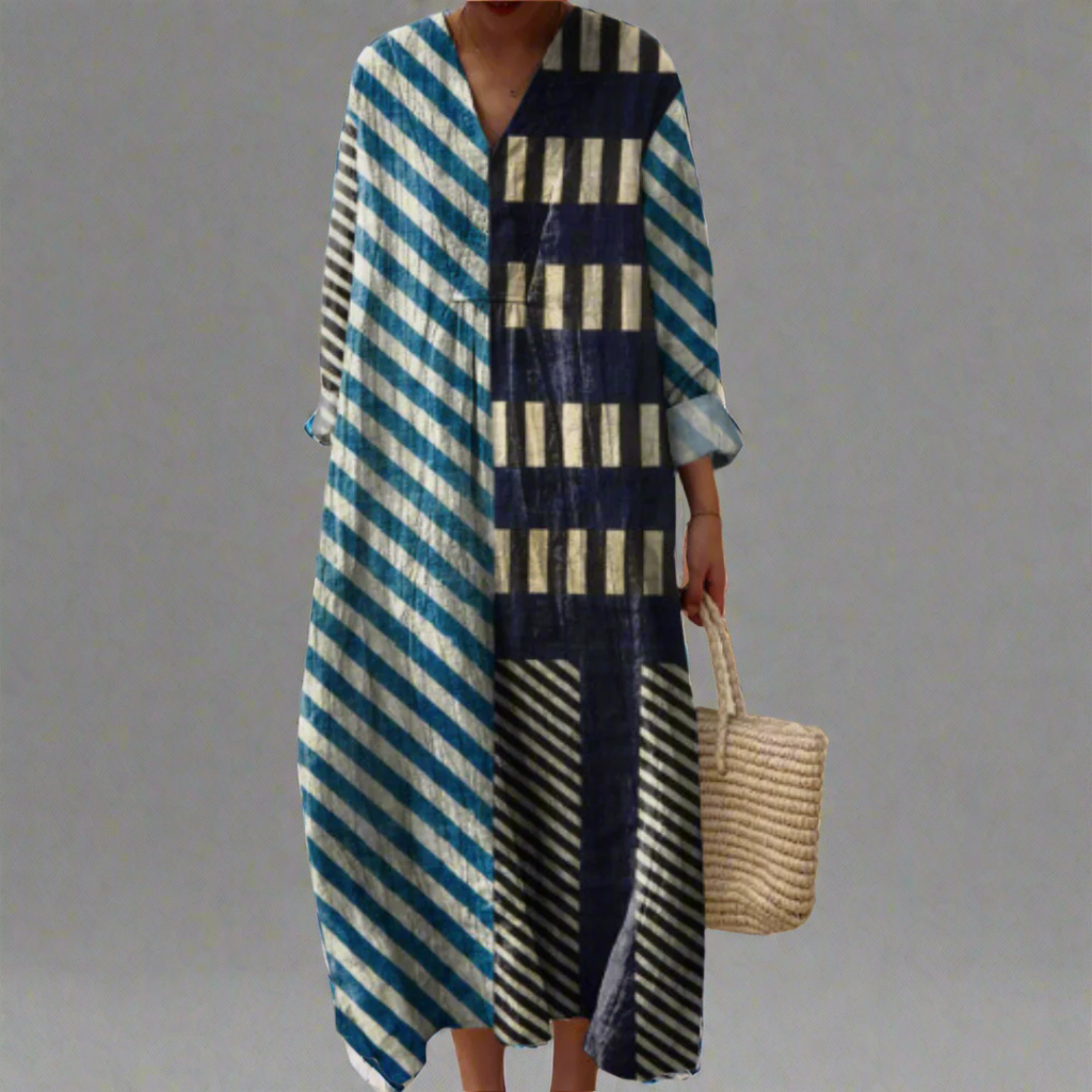Martha | Moderne Patchwork Gestreepte Midi-jurk