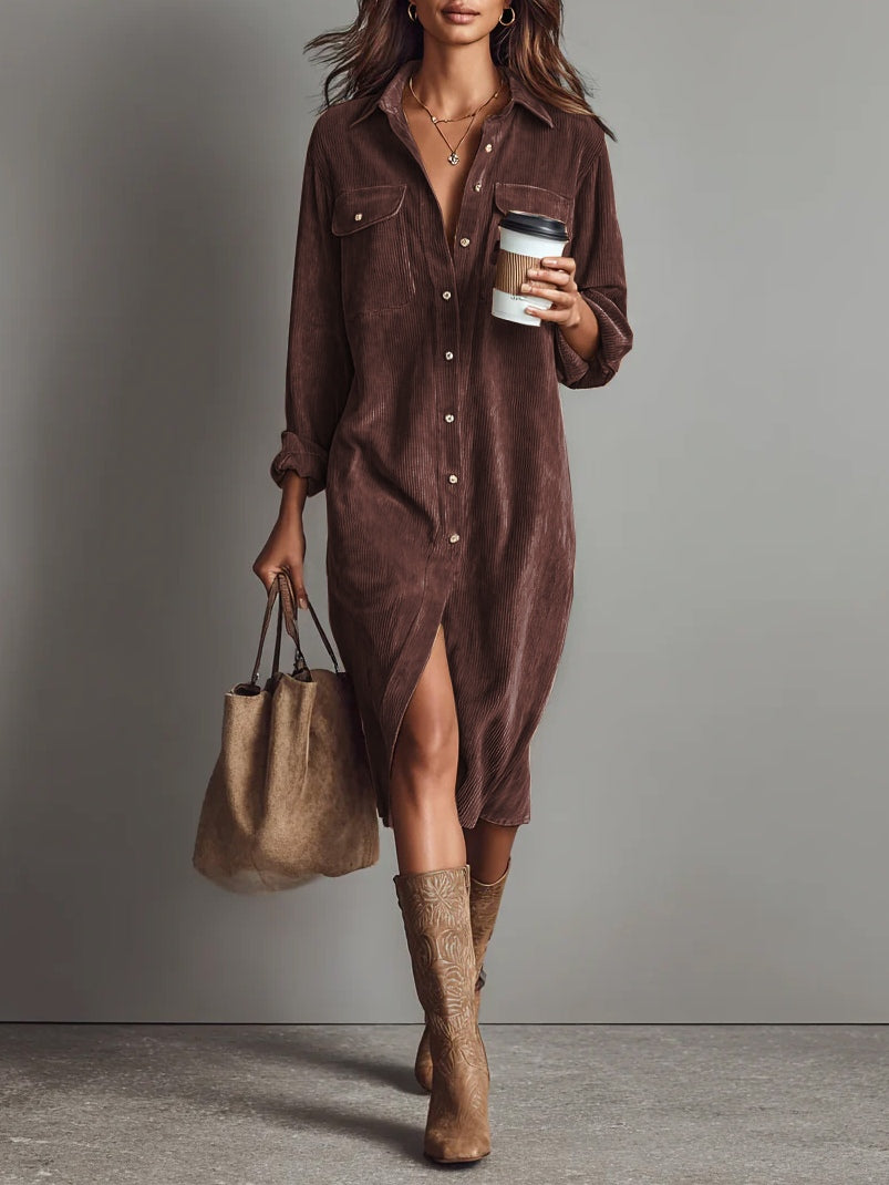 Losse Corduroy Midi-jurk met Dubbele Borstzakken en Enkele Knopen