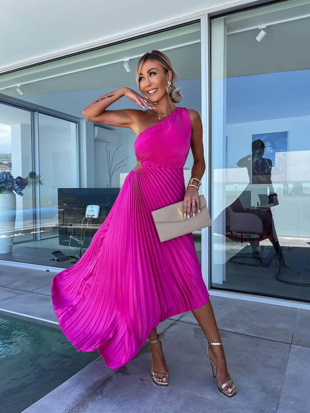 ELLA | One-Shoulder-Plissé-Midikleed