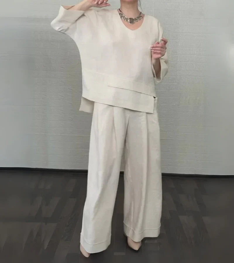 Sonja | Stijlvolle damesoutfit met asymmetrische top en ruime broek