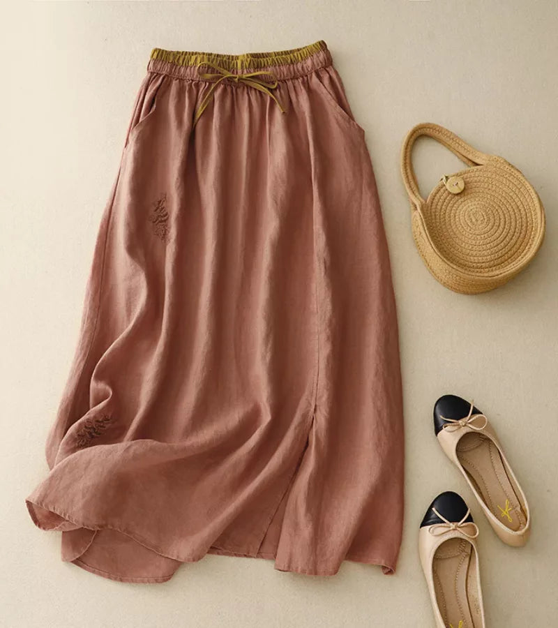 RICA | Lange Linnen en Katoen Rok met Ambachtelijke Details