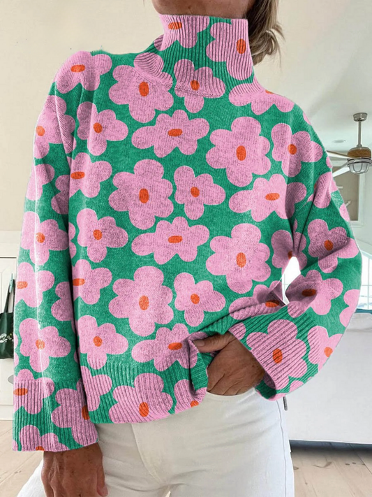Mirellia | Bloemige Hoge Kragen Trui