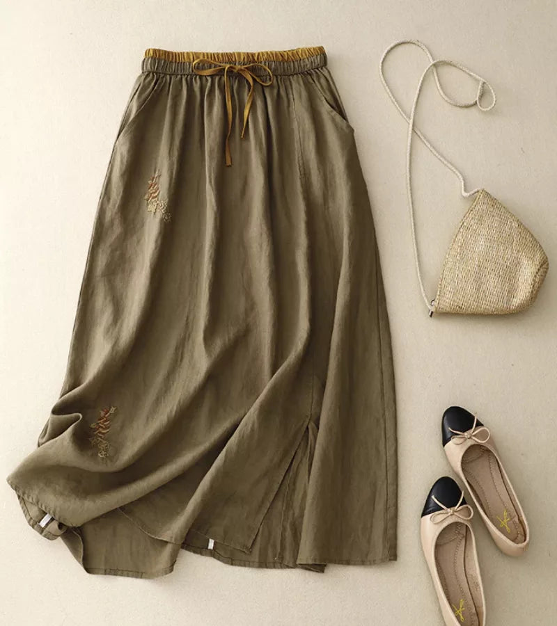 RICA | Lange Linnen en Katoen Rok met Ambachtelijke Details