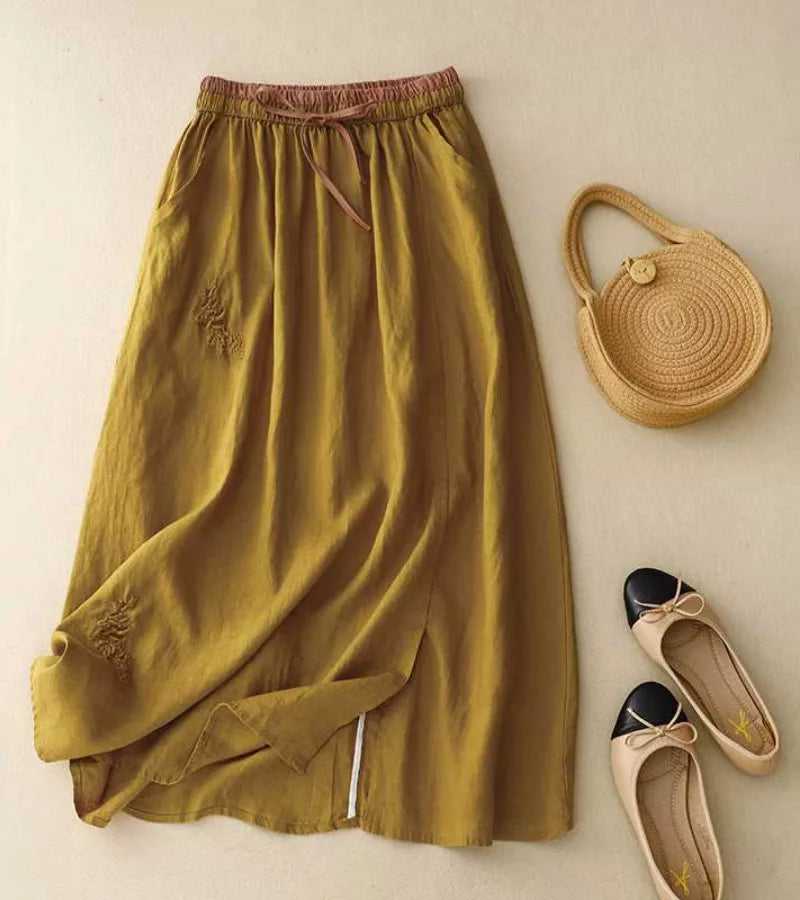 RICA | Lange Linnen en Katoen Rok met Ambachtelijke Details