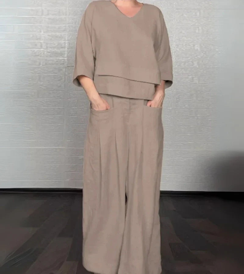 Sonja | Stijlvolle damesoutfit met asymmetrische top en ruime broek