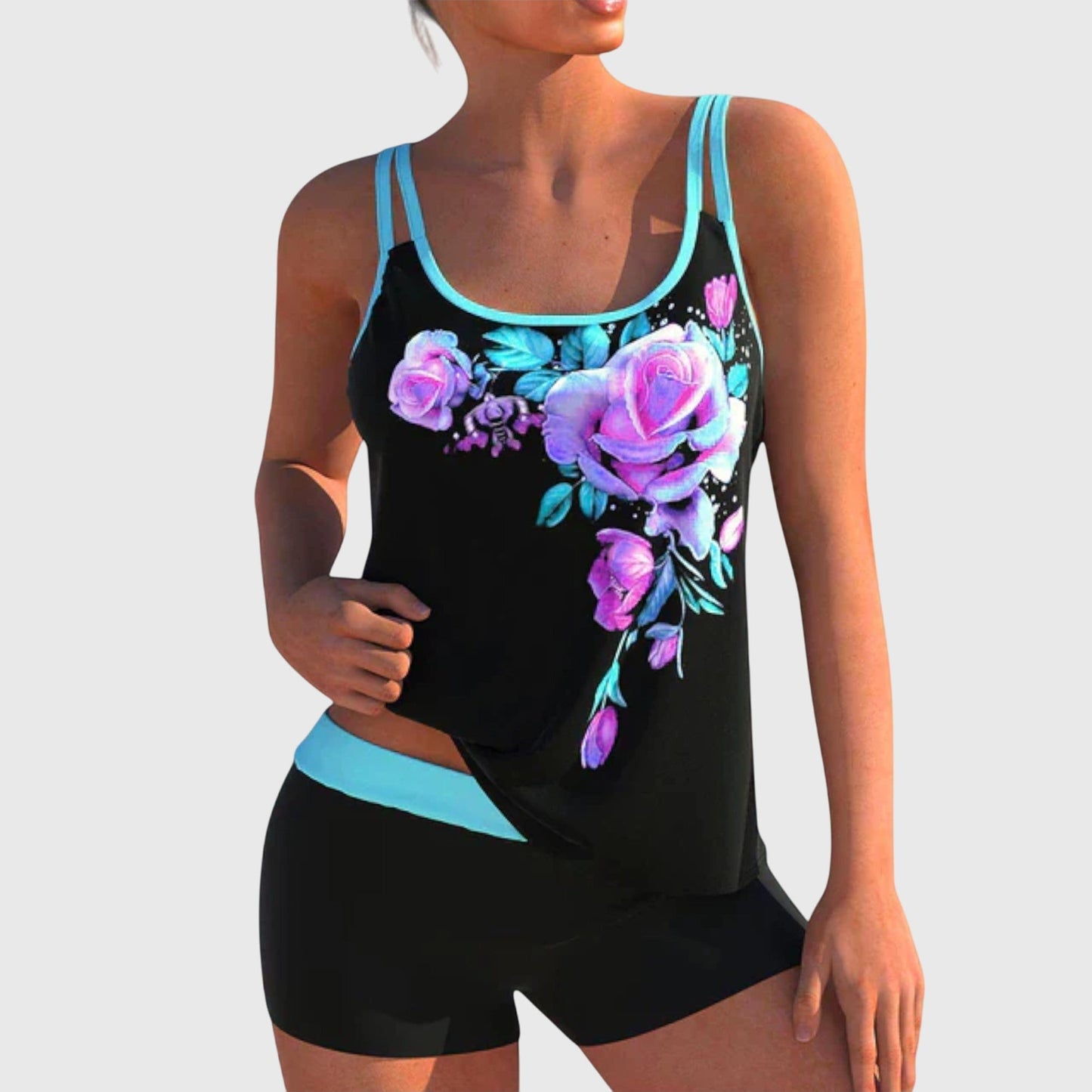 Flor – Bloemige tankini met short, effect van een platte buik