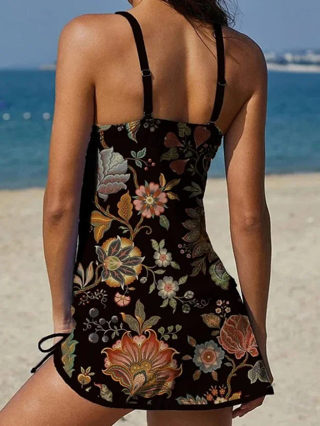 Fiesta – Grafische bloemen tankini met short, effect van een platte buik