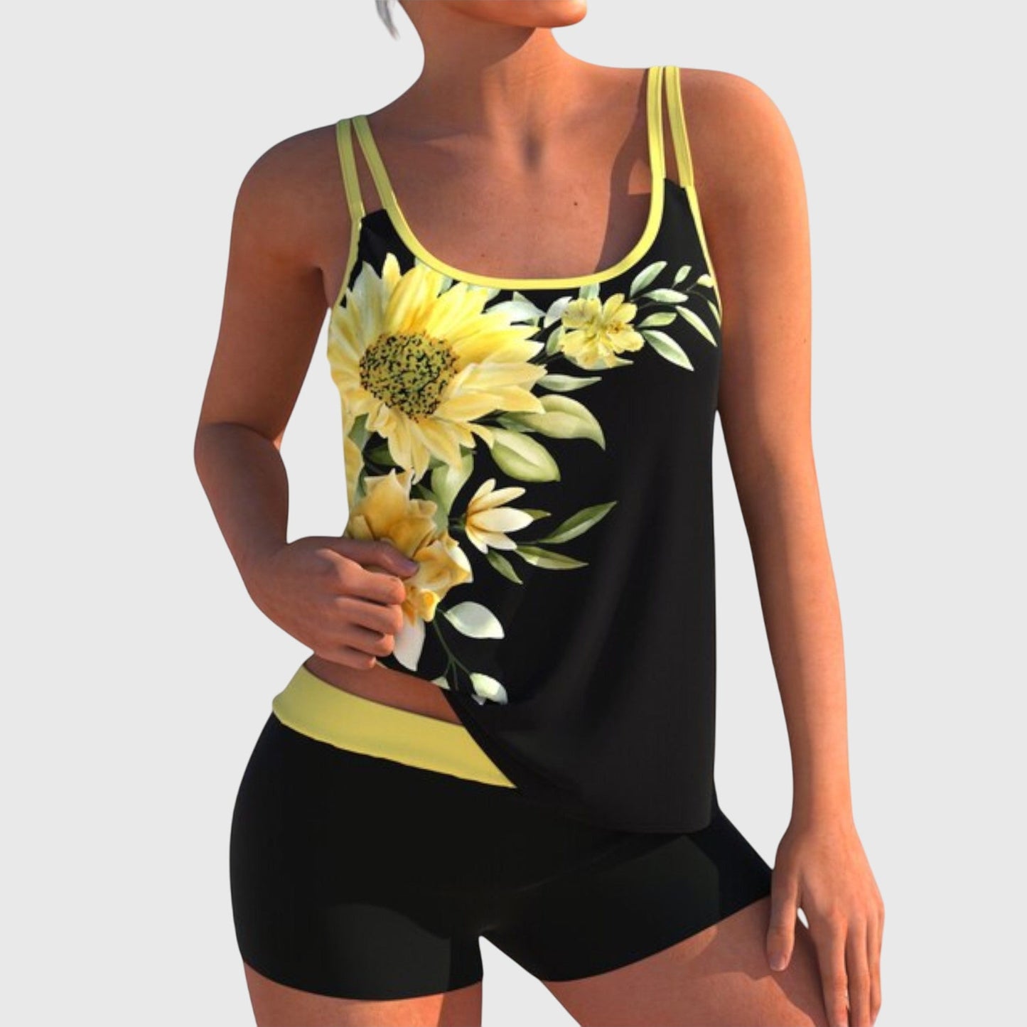 Flor – Bloemige tankini met short, effect van een platte buik