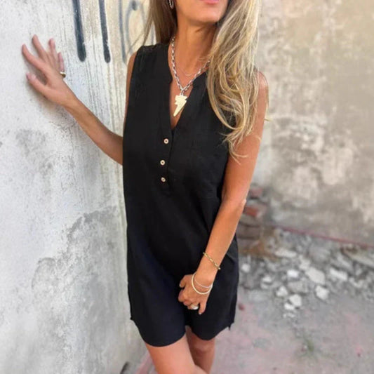 Mirna | Mouwloze V-hals Jurk met Knopen