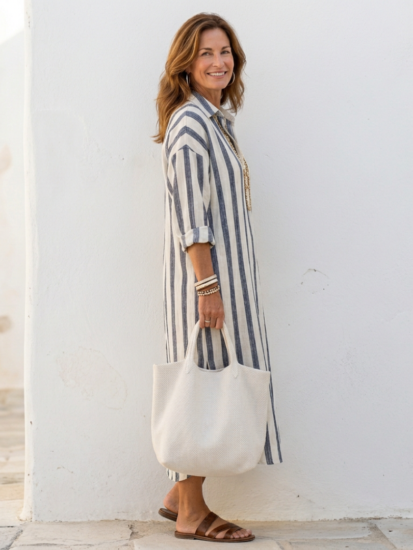 Naomi | Lange Mouwen Gestreepte Midi Shirtjurk