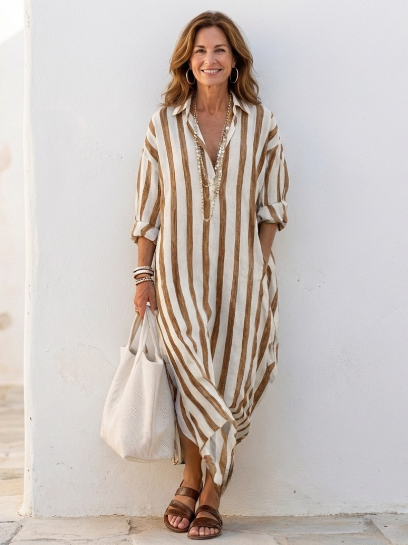 Naomi | Lange Mouwen Gestreepte Midi Shirtjurk