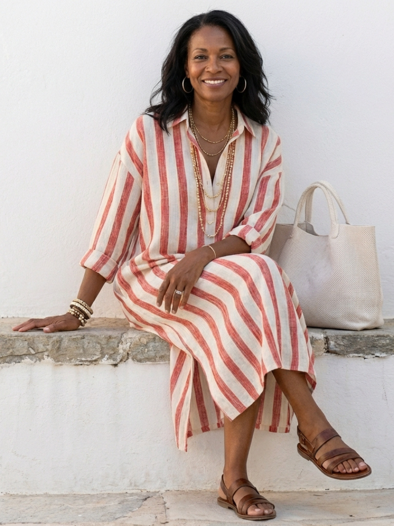 Naomi | Lange Mouwen Gestreepte Midi Shirtjurk