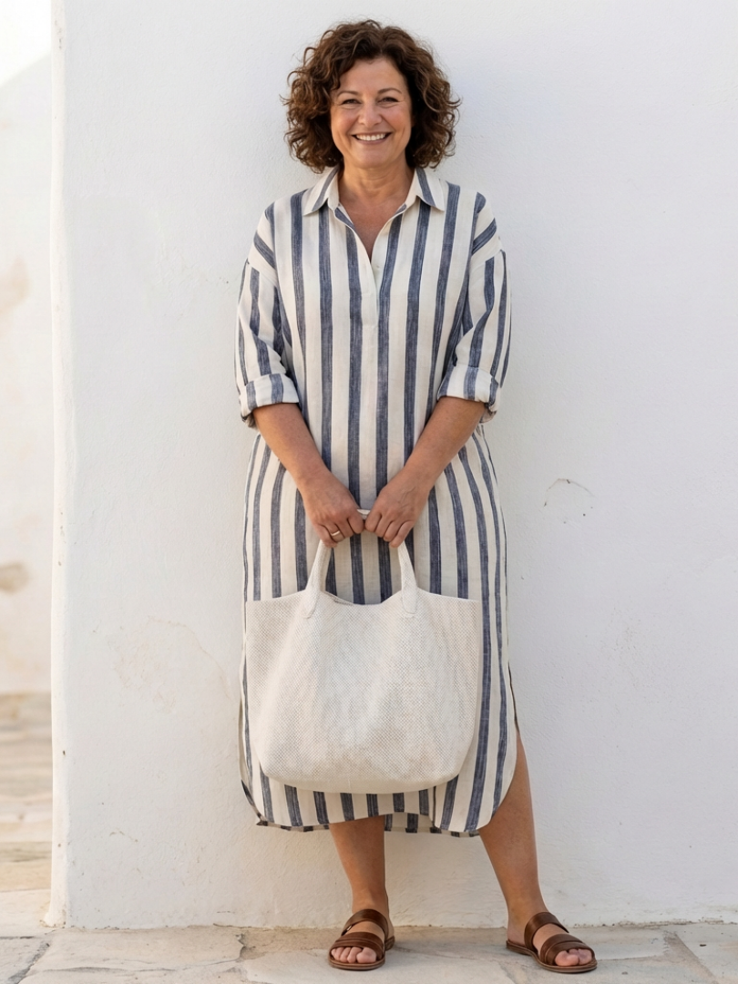 Naomi | Lange Mouwen Gestreepte Midi Shirtjurk