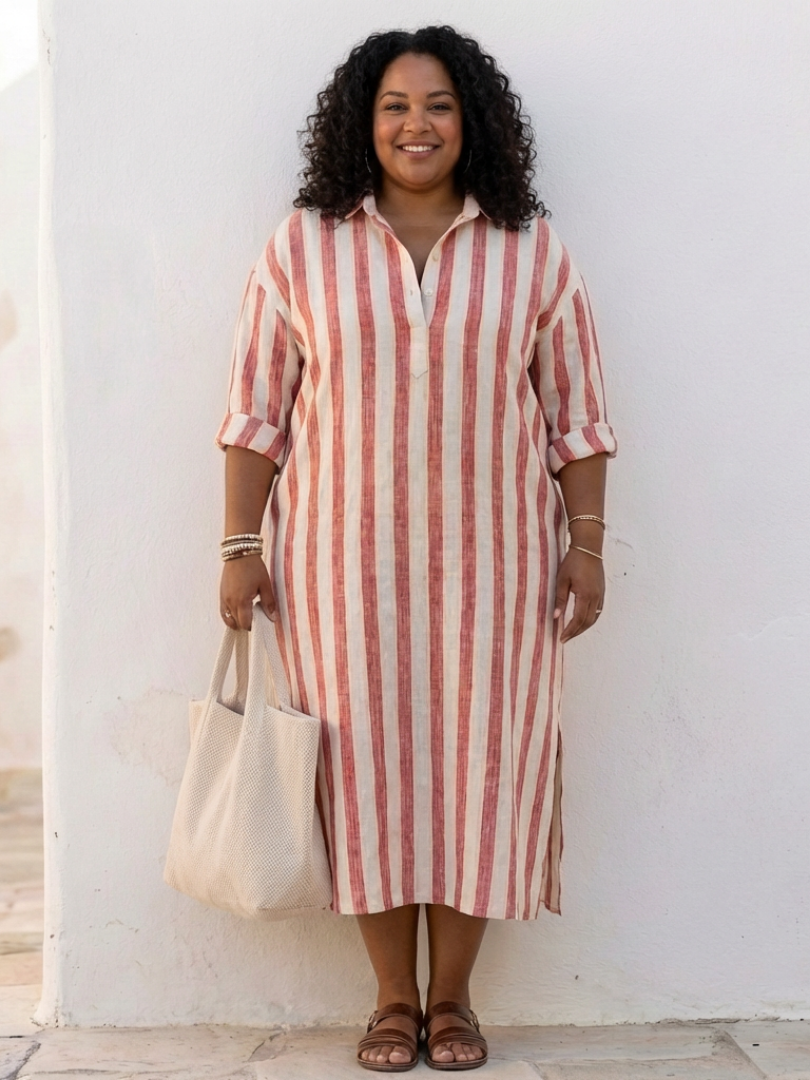 Naomi | Lange Mouwen Gestreepte Midi Shirtjurk