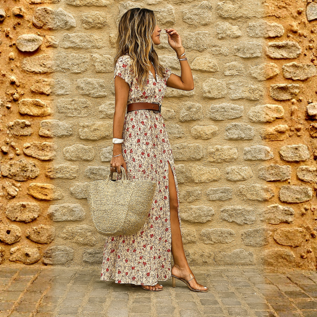 Justine™ – Vloeiende boheemse maxi-jurk met riem