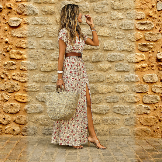 Justine™ – Vloeiende boheemse maxi-jurk met riem