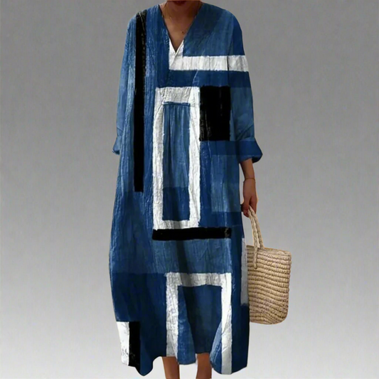 Evelyn | Abstracte Navy Losse Maxi Jurk