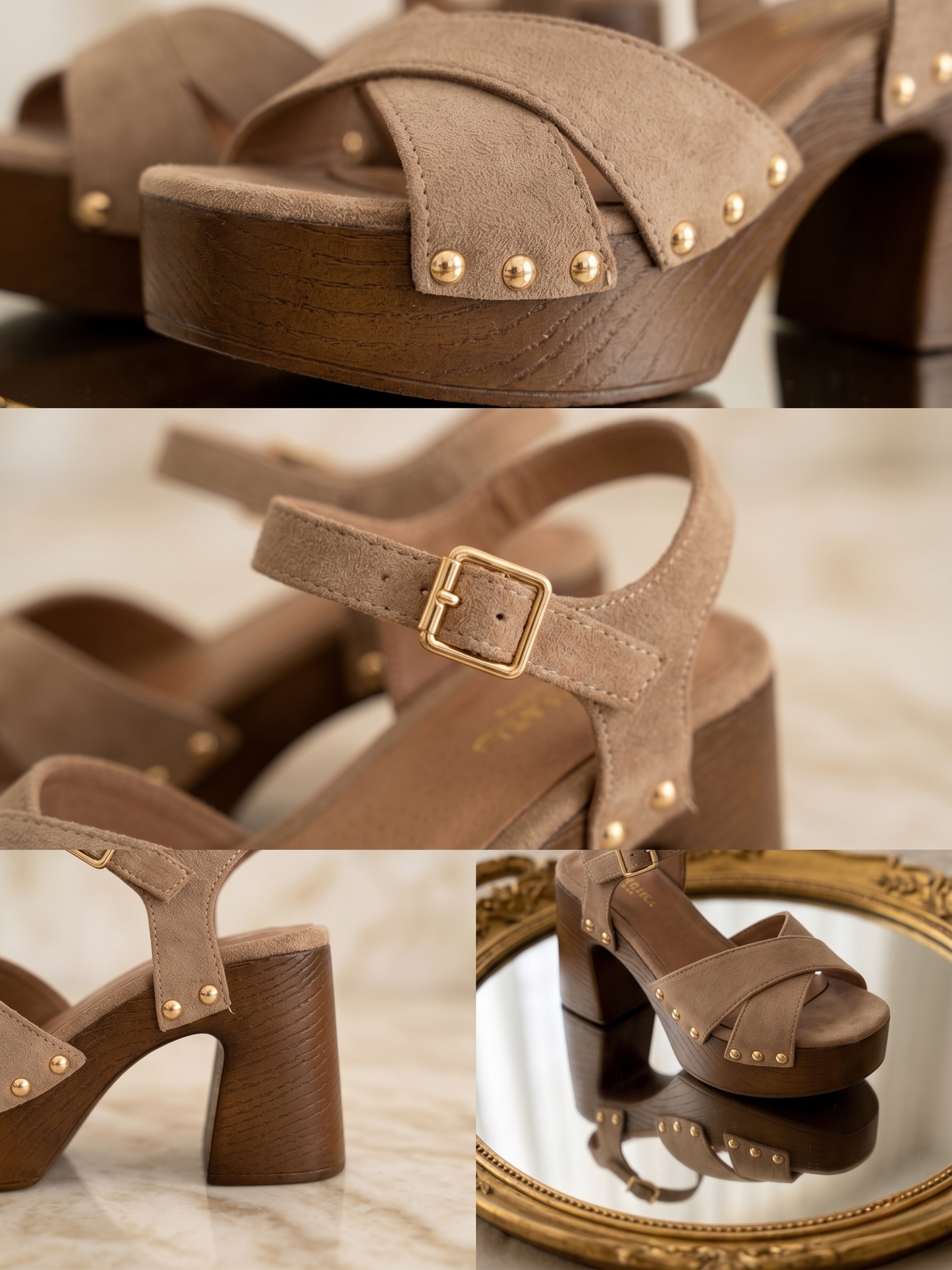 Sandalen Gaia — taupe, gekruiste banden en gouden studs