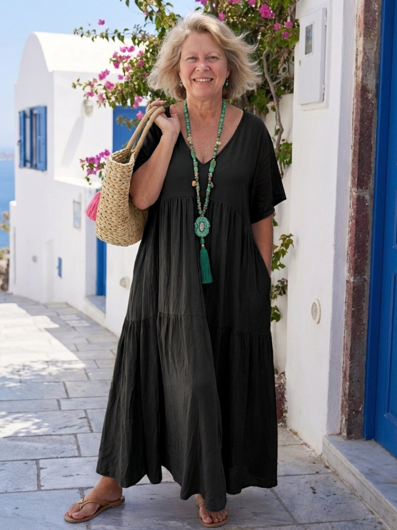 Zinnia | Korte Mouw Tiered Blauwe Maxi Jurk