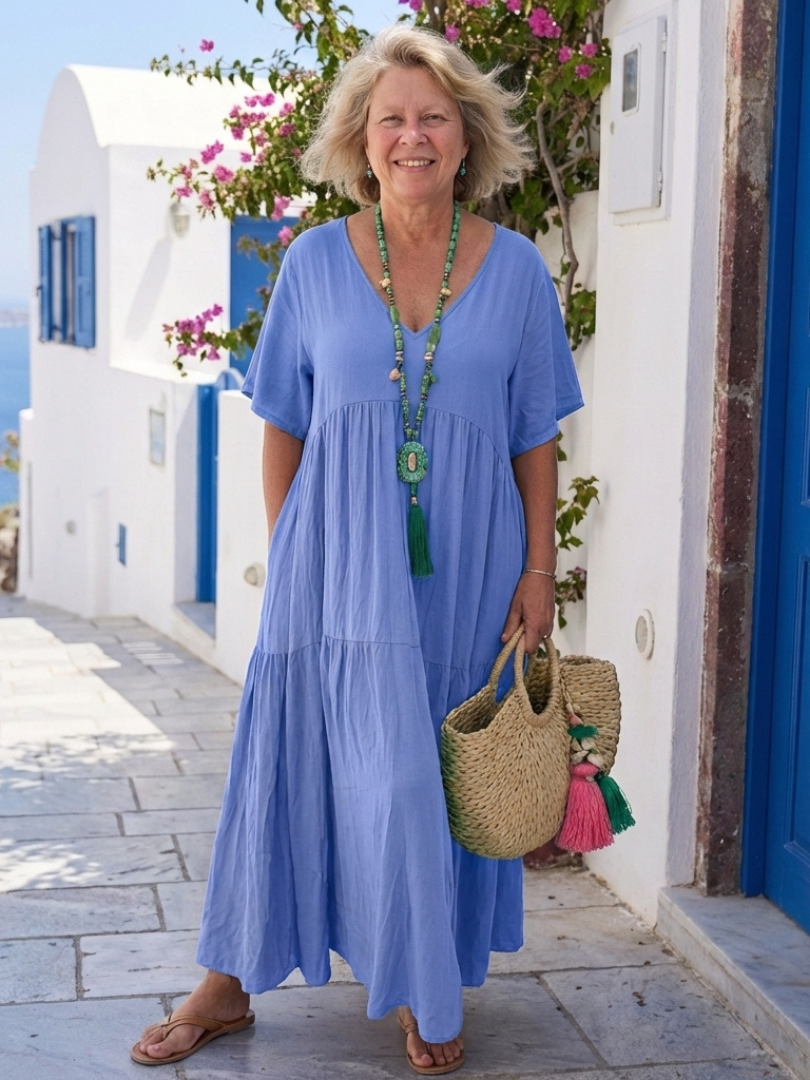 Zinnia | Korte Mouw Tiered Blauwe Maxi Jurk