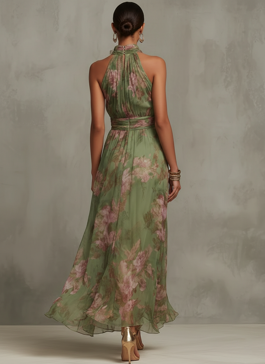 Christabel | Bloemrijke Halter Nek Chiffon Maxi Jurk