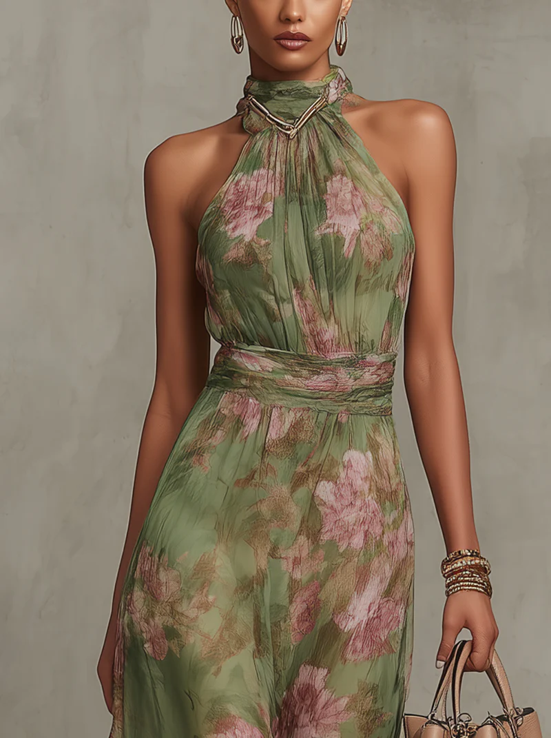 Christabel | Bloemrijke Halter Nek Chiffon Maxi Jurk