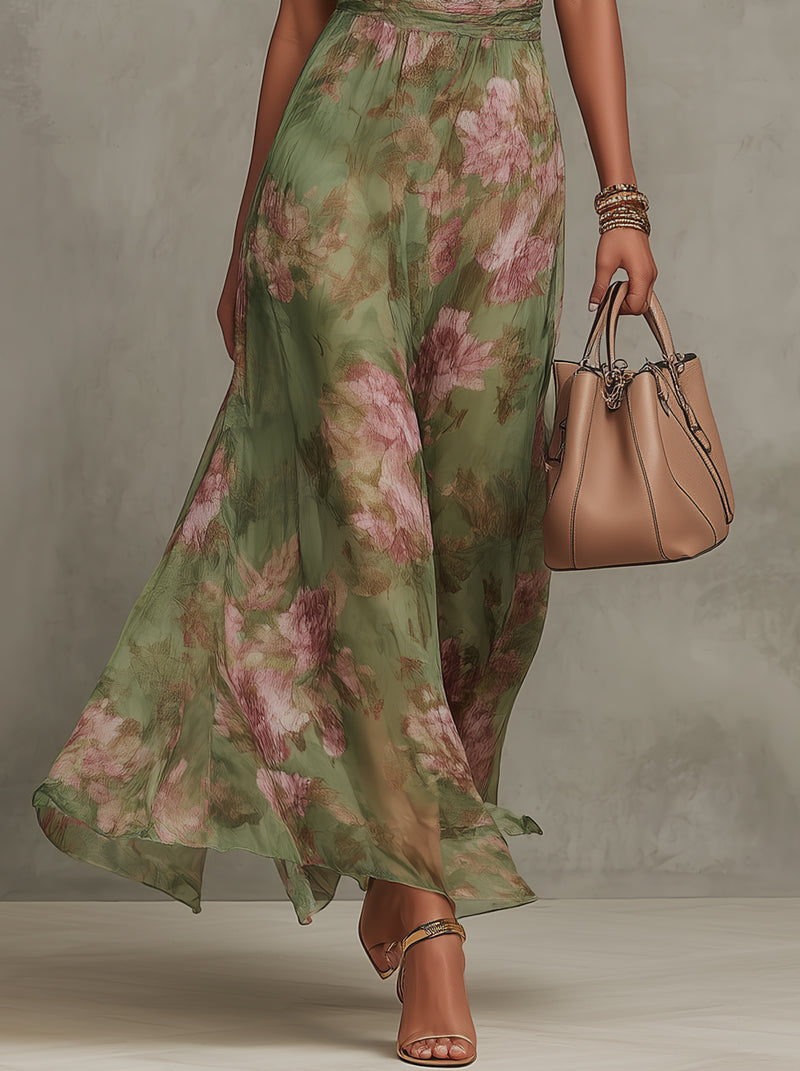 Christabel | Bloemrijke Halter Nek Chiffon Maxi Jurk