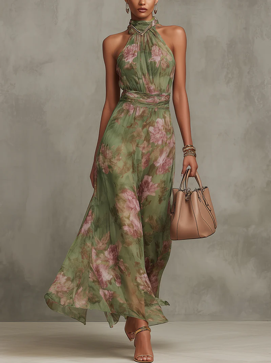 Christabel | Bloemrijke Halter Nek Chiffon Maxi Jurk