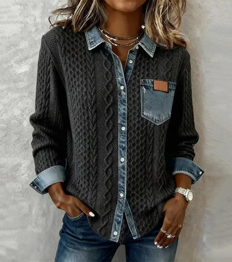 AMBRA - Gebreide Top in Patchwork met Denim Details