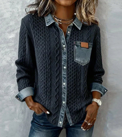 AMBRA - Gebreide Top in Patchwork met Denim Details