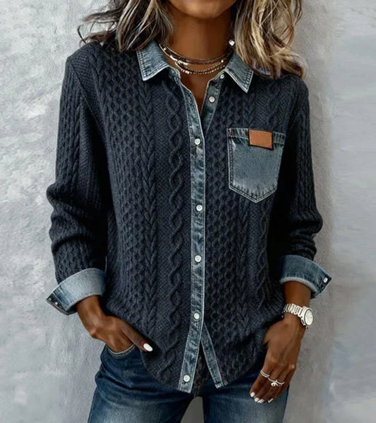 AMBRA - Gebreide Top in Patchwork met Denim Details