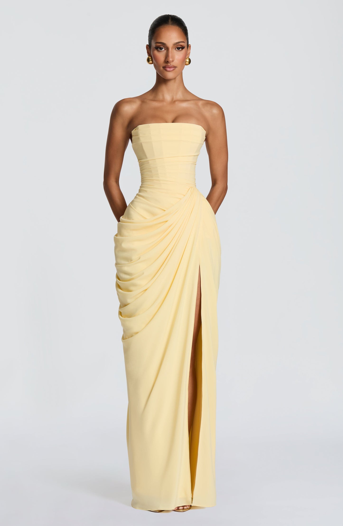 HANNAH | Elegante Maxidress met Drapering en Hoge Split