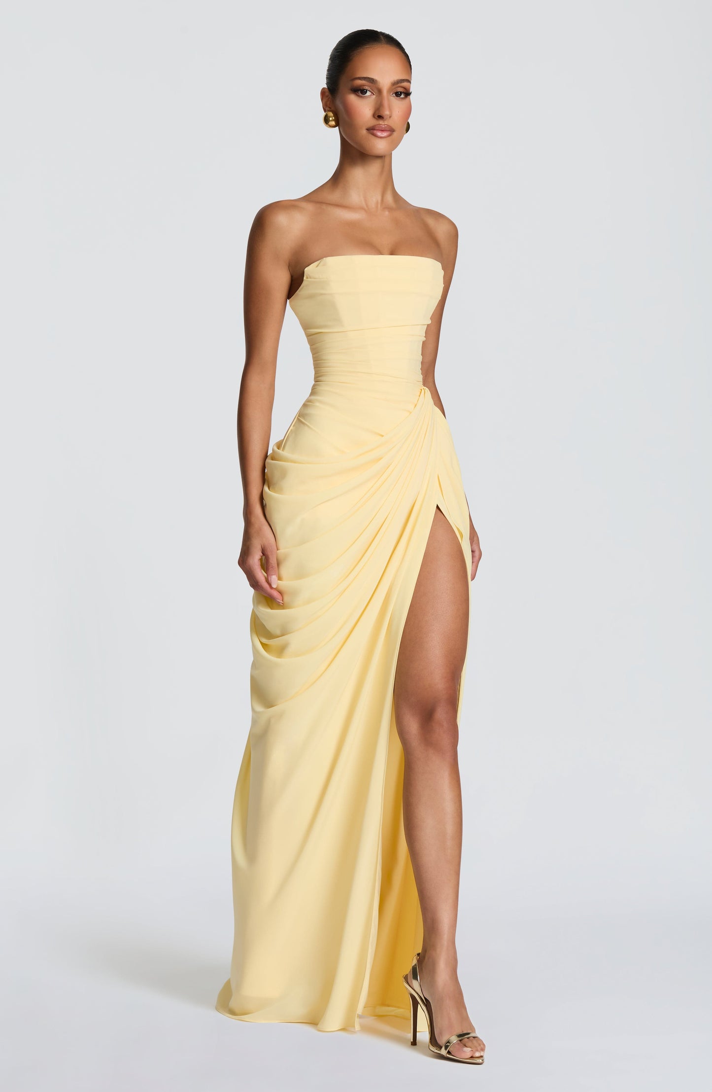 HANNAH | Elegante Maxidress met Drapering en Hoge Split