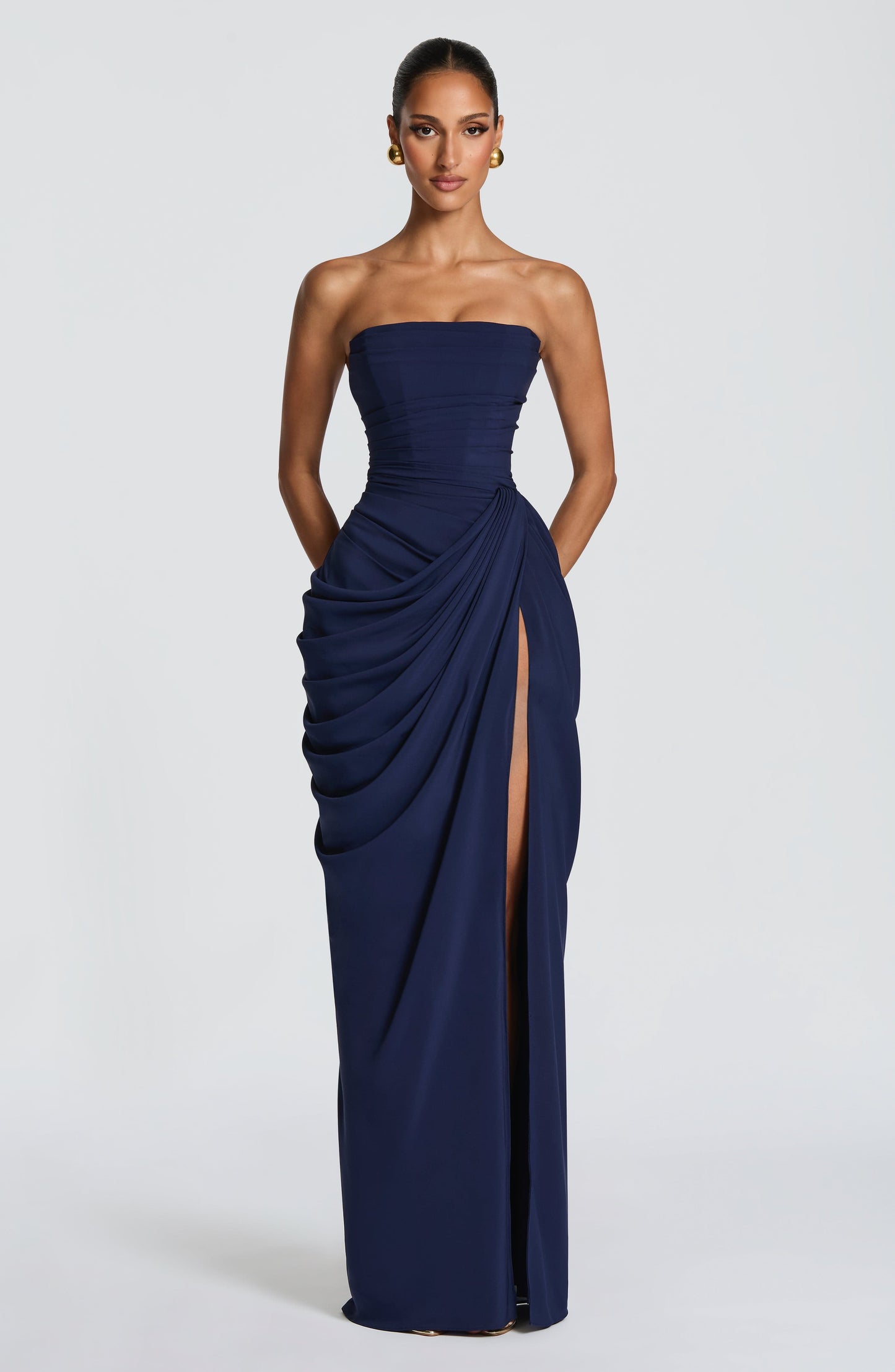 HANNAH | Elegante Maxidress met Drapering en Hoge Split