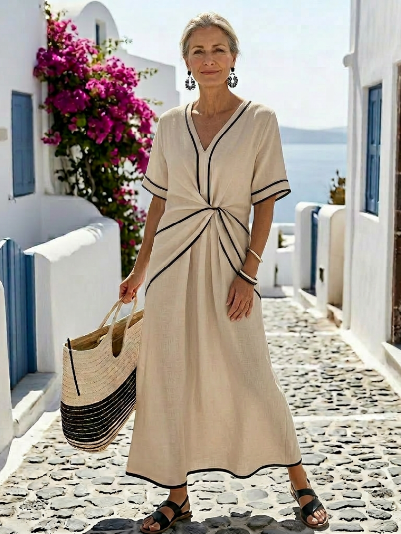 Linnea | V-hals Korte Mouw Geraffineerde Taille Midi Jurk