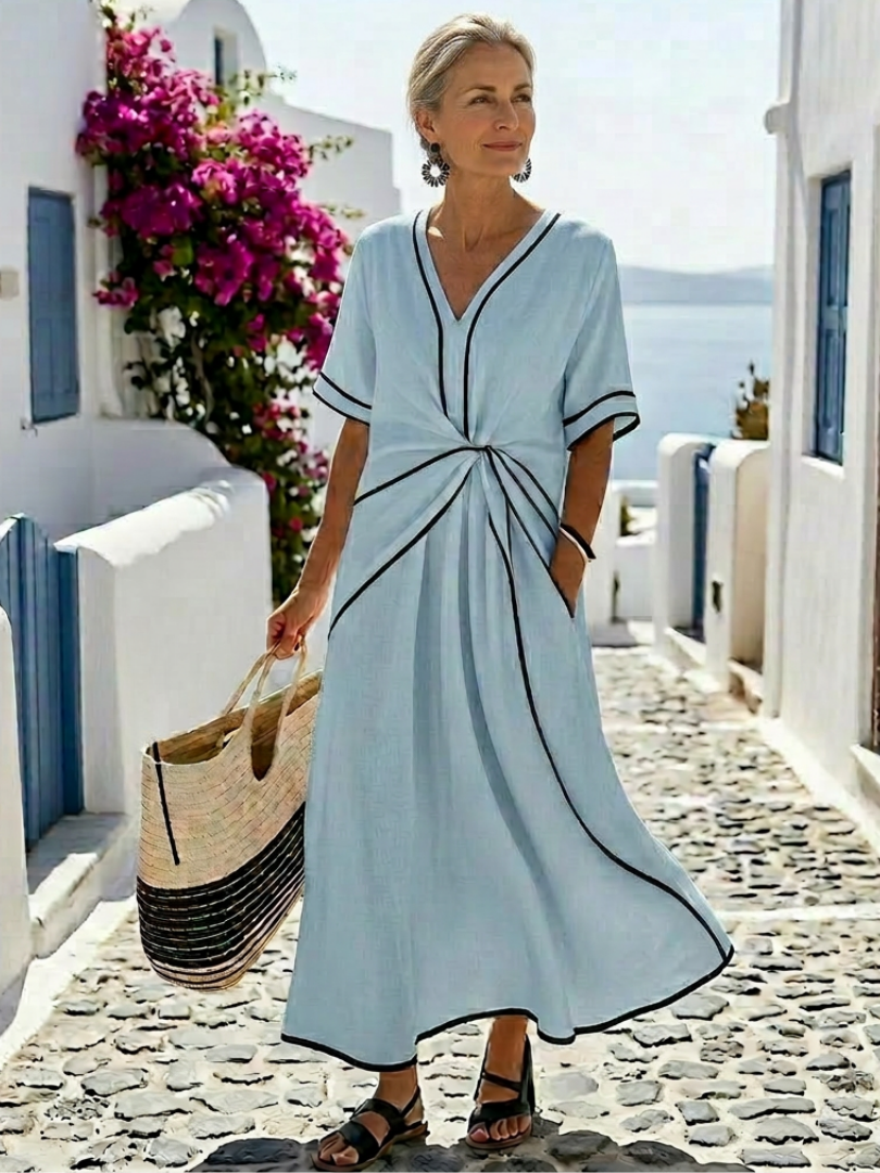 Linnea | V-hals Korte Mouw Geraffineerde Taille Midi Jurk