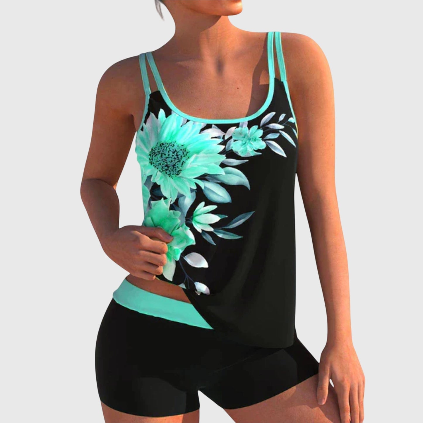 Flor – Bloemige tankini met short, effect van een platte buik