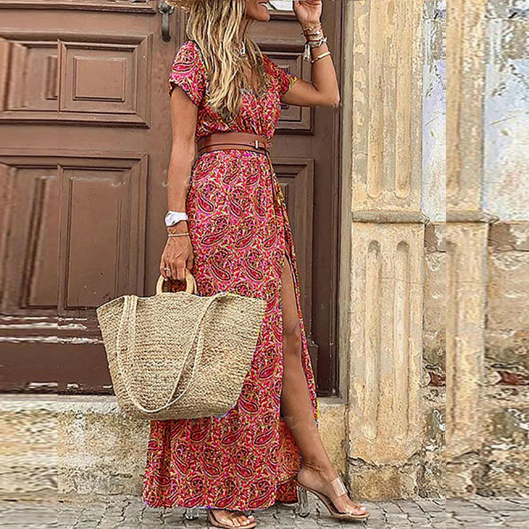 Justine™ – Vloeiende boheemse maxi-jurk met riem