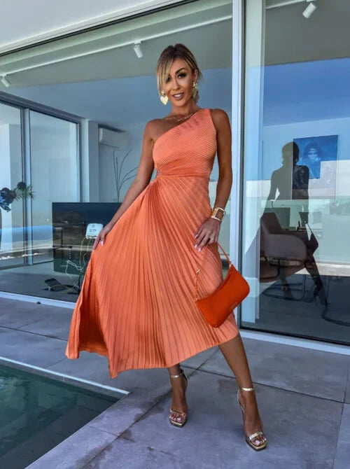 ELLA | One-Shoulder-Plissé-Midikleed